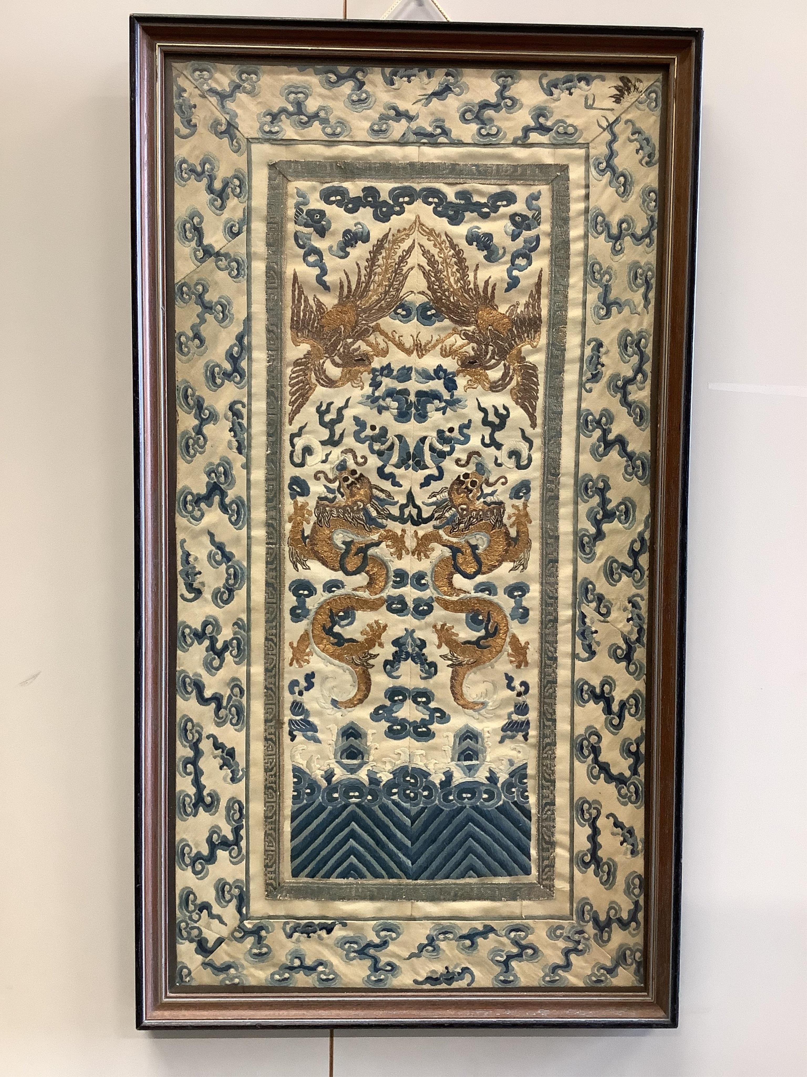 Two framed pairs of early 20th century Chinese silk embroidered sleeve bands; one pair embroidered in blue with Chinese knot as ornate bat motifs surrounded by floral motifs, edged in fine braiding and a black satin, sil